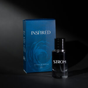 Bottle of Inspired Storm men’s fragrance, sleek dark design, inspired by Dior Sauvage.