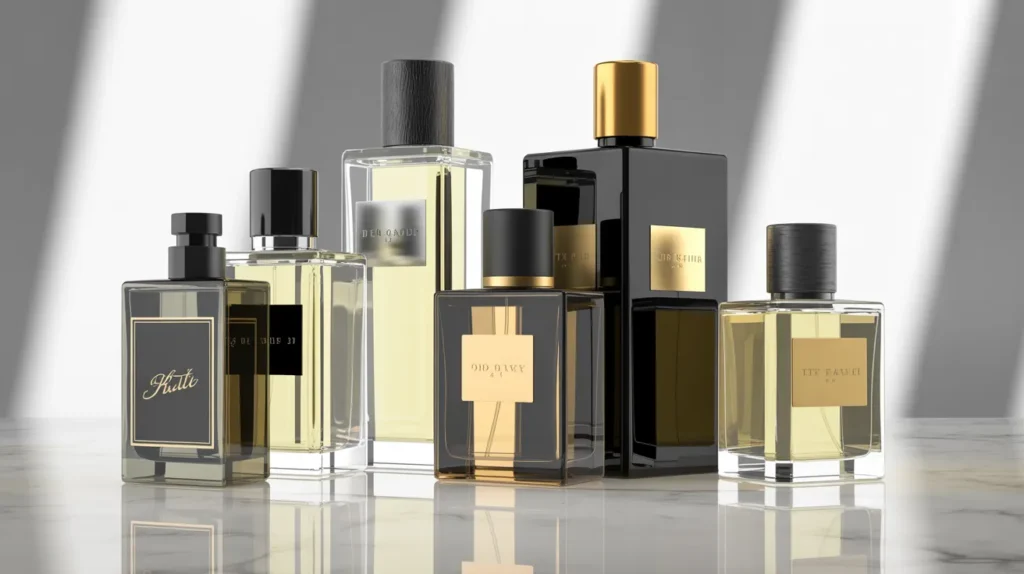 Luxury fragrance collection for men arranged on a clean minimal background with soft lighting.