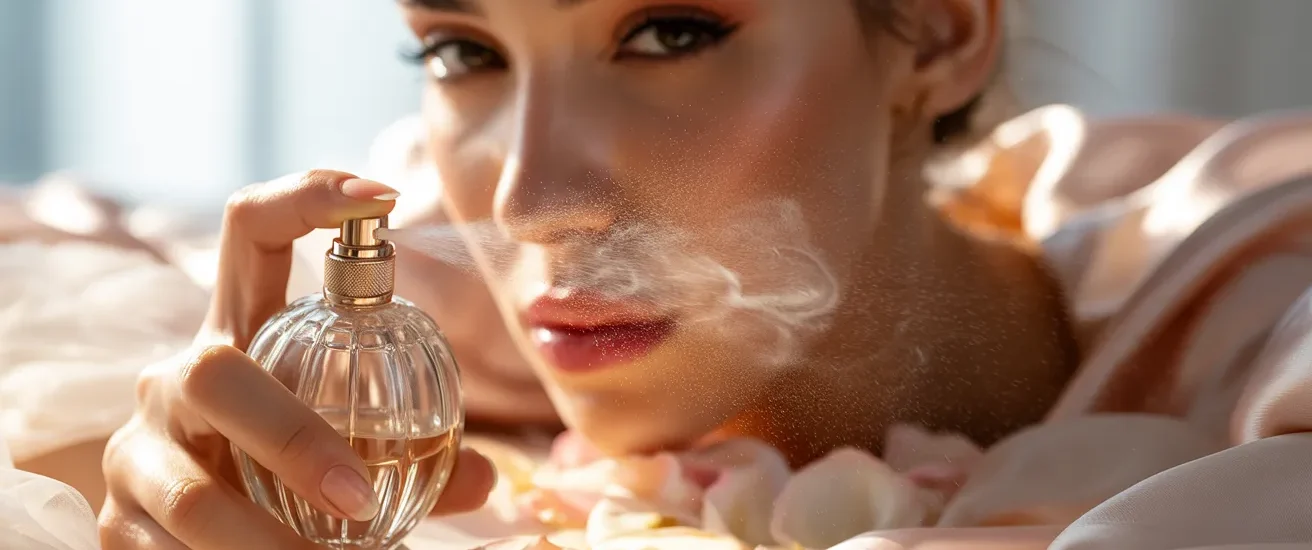 Zoomed view of a woman holding a perfume bottle near her face, soft floral background highlighting luxury and sophistication