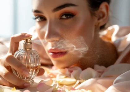 Zoomed view of a woman holding a perfume bottle near her face, soft floral background highlighting luxury and sophistication