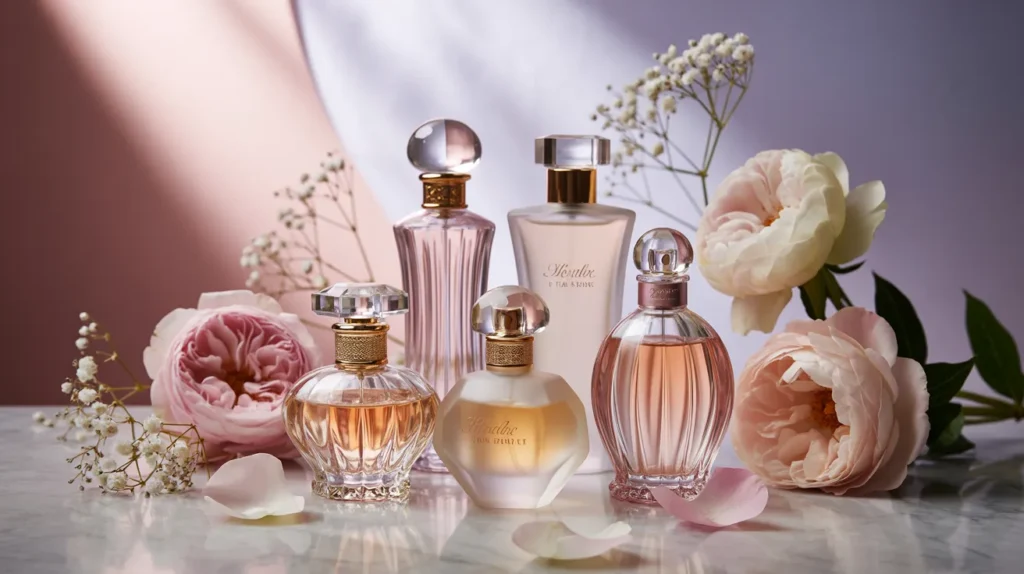 Close-up of a young woman spraying perfume, half of her face visible, elegant and feminine atmosphere.