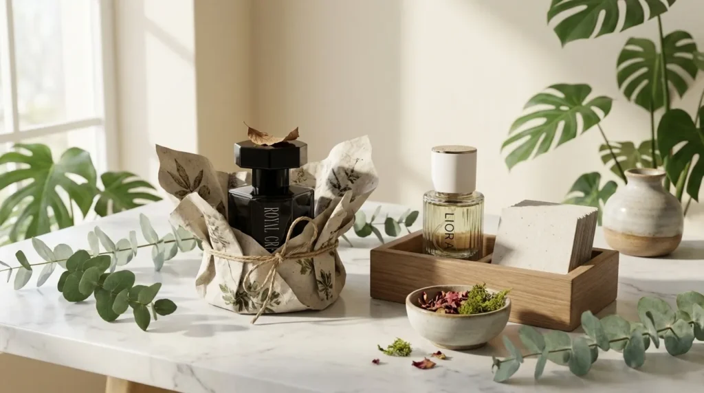 Elegant perfume bottles with eco‑friendly packaging on a marble surface, surrounded by soft natural lighting and green accents.