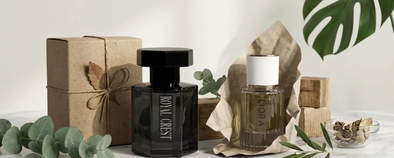 Sustainable fragrance presentation featuring recycled wrapping, minimalist glass containers, and fresh leaves for a refined eco‑luxury vibe. - Alt Text 3: Luxury inspired fragrances displayed with mindful packaging, silk textures, and subtle floral details, evoking clean and premium aesthetics. Would you like me to batch‑create alt texts for multiple product categories (Perfumes, Body Mists, Solid Perfumes) so you have a ready‑to‑deploy set across your site?